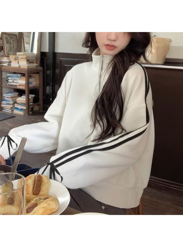 袖リボンハーフジップスウェットトップス