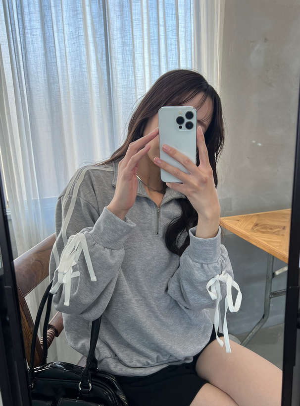 袖リボンハーフジップスウェットトップス[gn363] | レディース