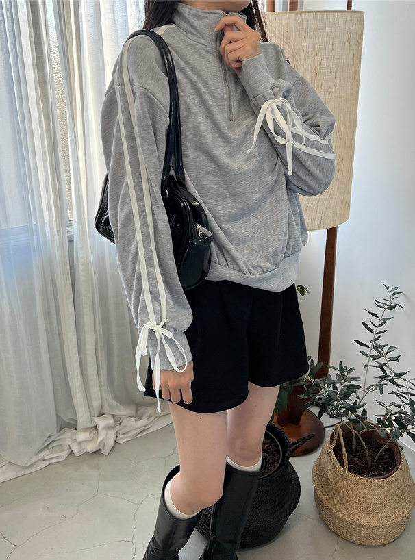 袖リボンハーフジップスウェットトップス