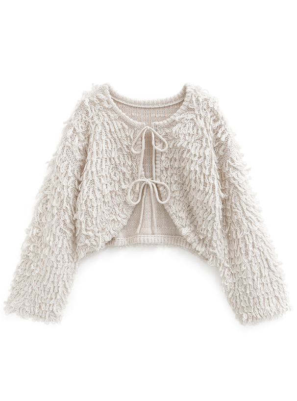 ダブルリボンループ編みニットカーディガン