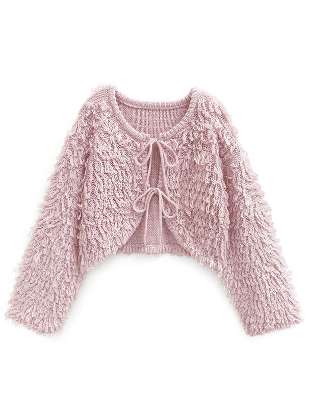 ダブルリボンループ編みニットカーディガン