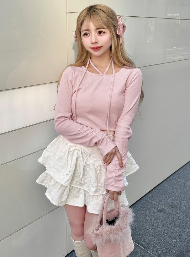ホルターネックストラップリブトップス
