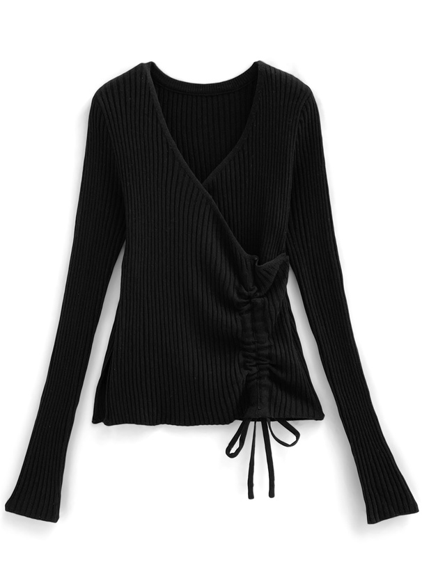 カシュクールドロストリボンリブニットトップス