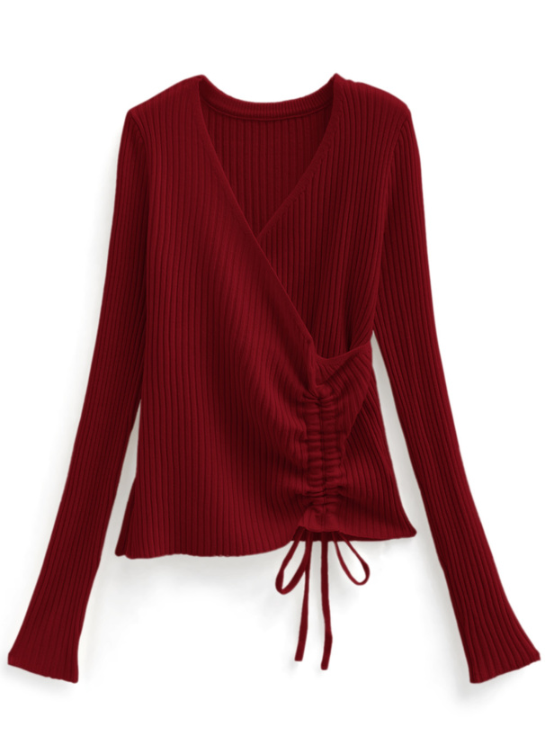 カシュクールドロストリボンリブニットトップス