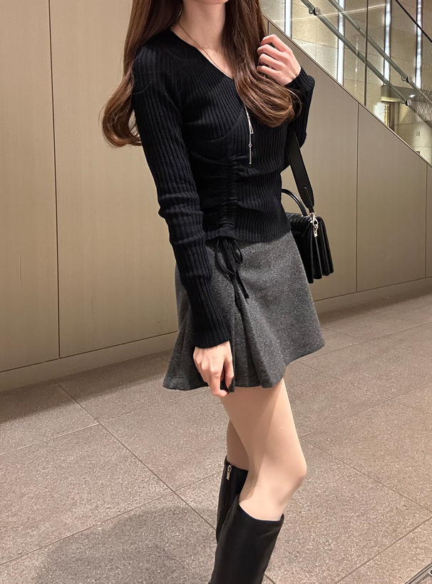 カシュクールドロストリボンリブニットトップス