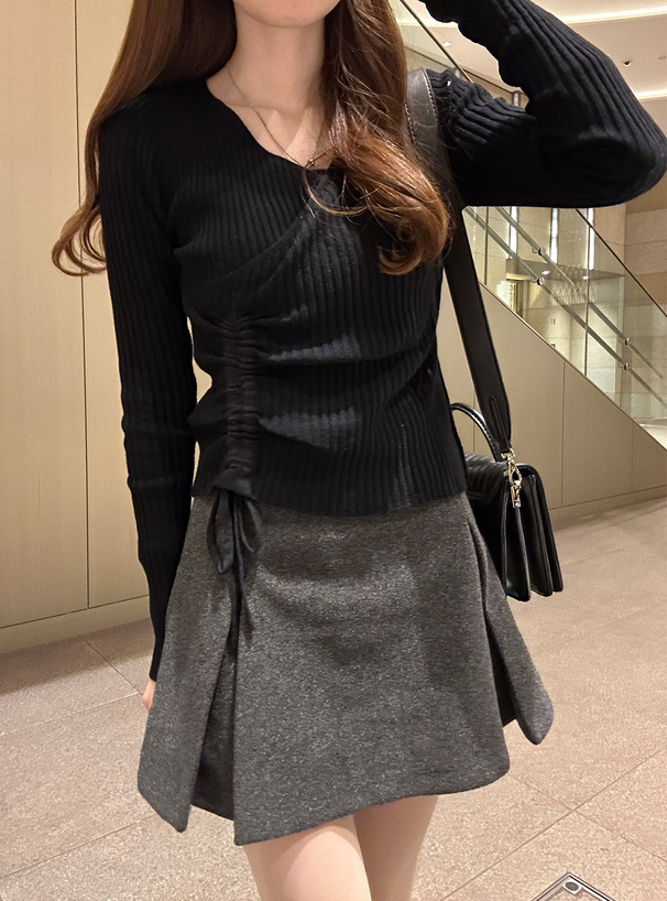 カシュクールドロストリボンリブニットトップス
