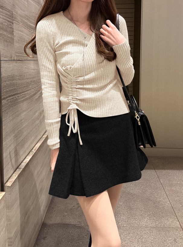 カシュクールドロストリボンリブニットトップス