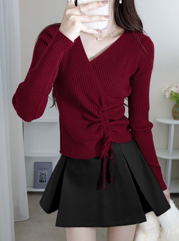 カシュクールドロストリボンリブニットトップス