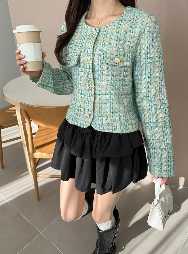 ラメツイードチェック柄ショート丈ジャケット[gn421