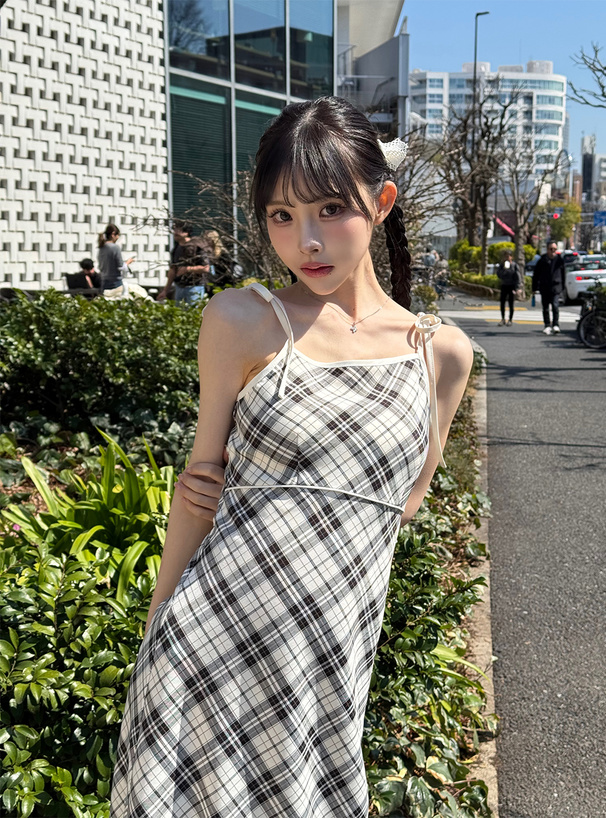リボンバイアスチェック柄マキシワンピース[gn441] | レディース