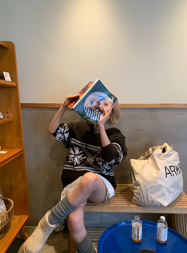 フード付きノルディック柄レースアップニットトップス[gn444