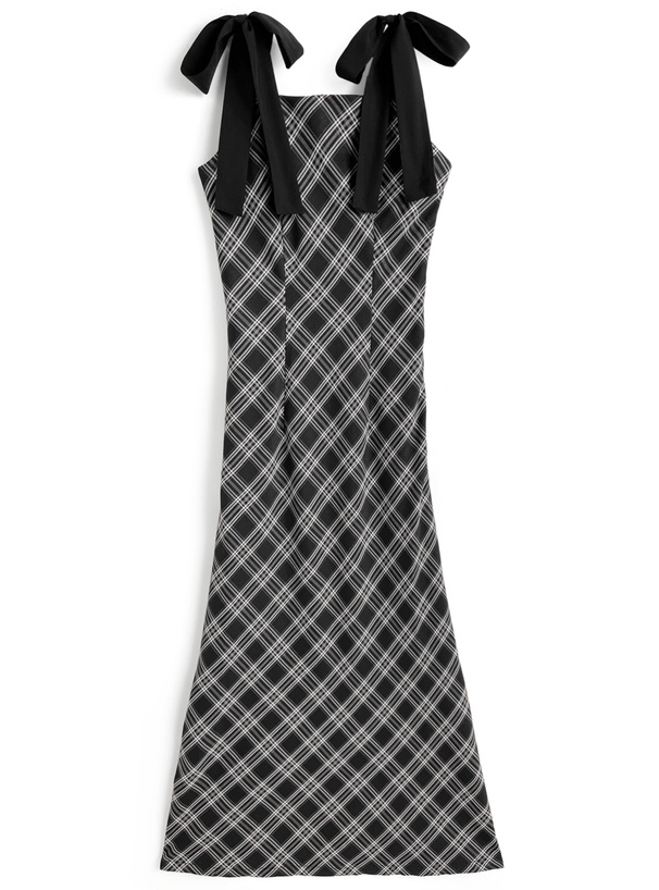 リボンショルダーチェック柄バイアスワンピース