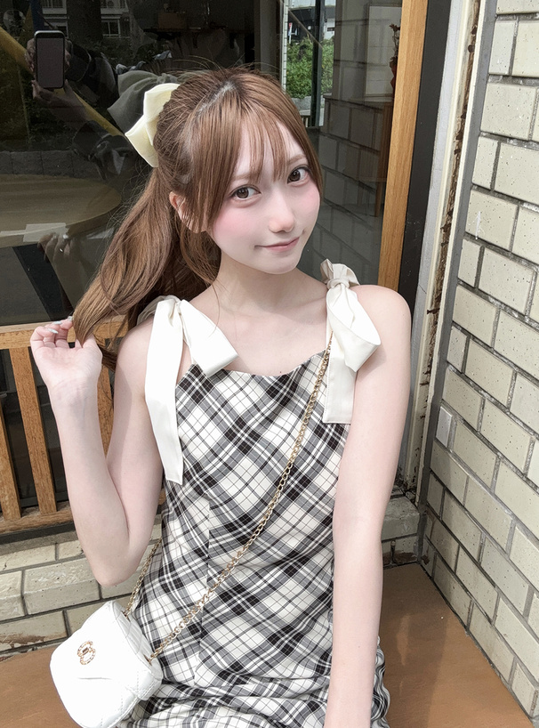 リボンショルダーチェック柄バイアスワンピース