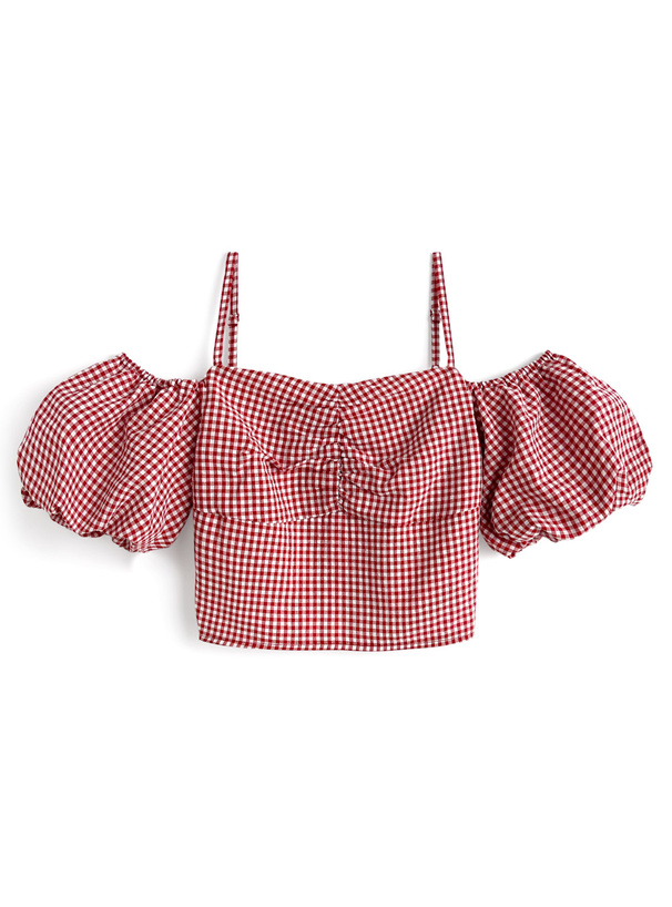 ギンガムチェックオフショルブラウス