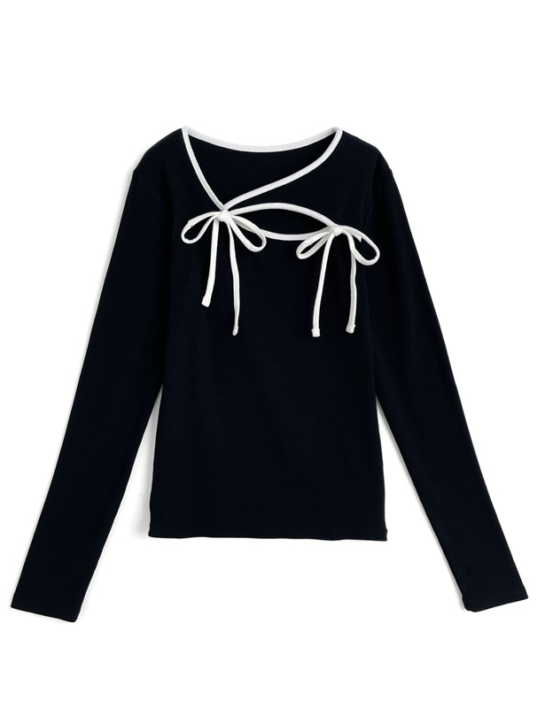 ダブルリボン配色パイピングリブトップス