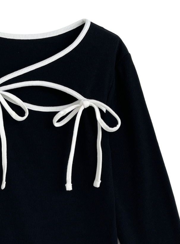 ダブルリボン配色パイピングリブトップス