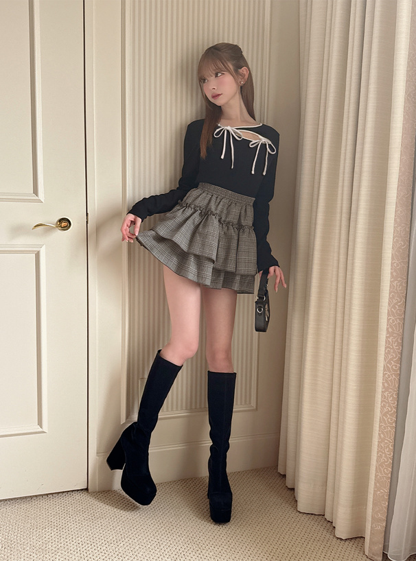 ダブルリボン配色パイピングリブトップス