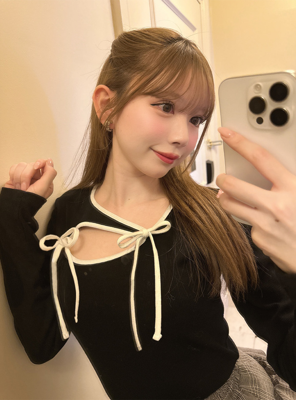 ダブルリボン配色パイピングリブトップス