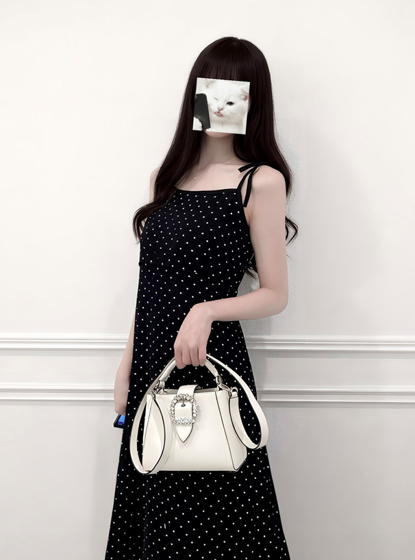 ドット柄ショルダーリボンキャミソールワンピース