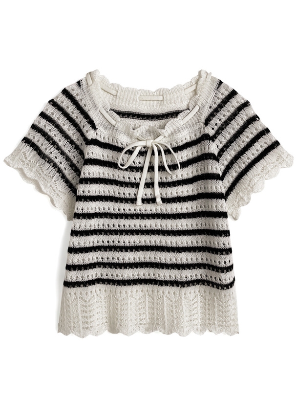 レースリボンボーダー柄ニットトップス[gn489] | レディース