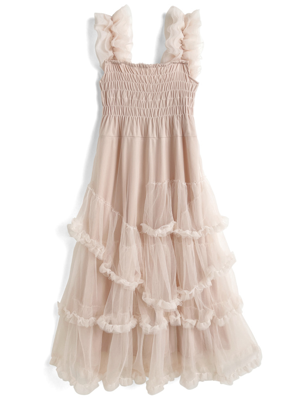 チュールフリルショルダーティアードワンピース