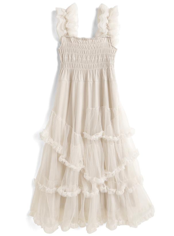 チュールフリルショルダーティアードワンピース