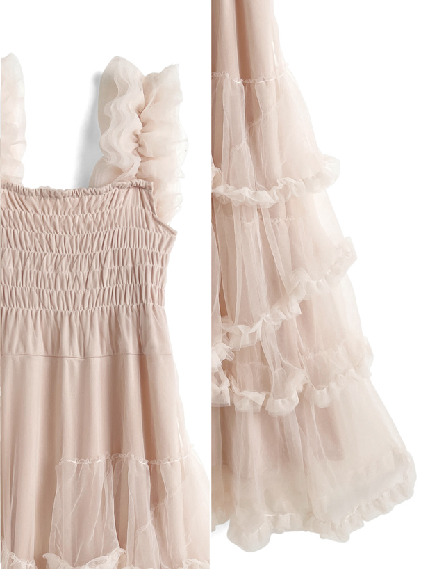 チュールフリルショルダーティアードワンピース