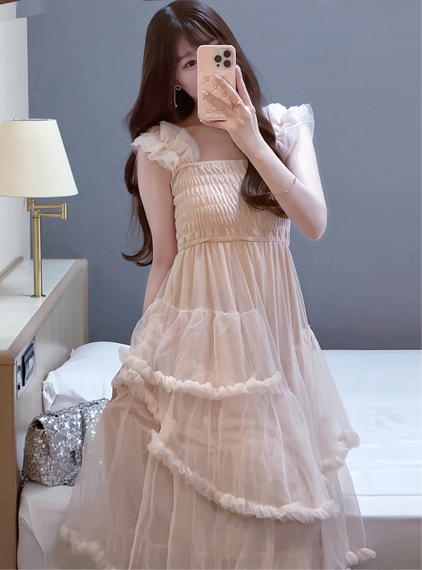 チュールフリルショルダーティアードワンピース