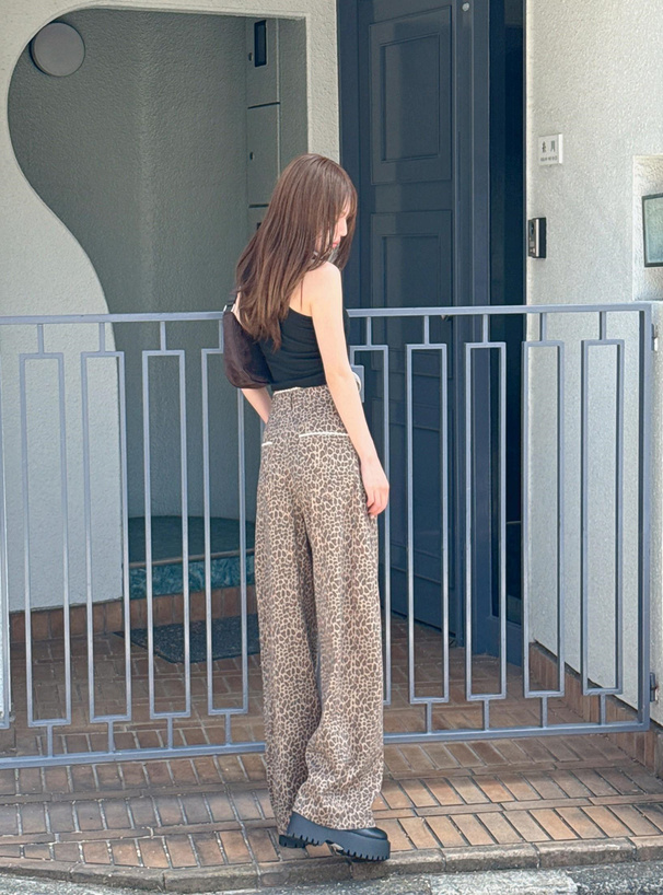 レースデザインレオパードワイドパンツ