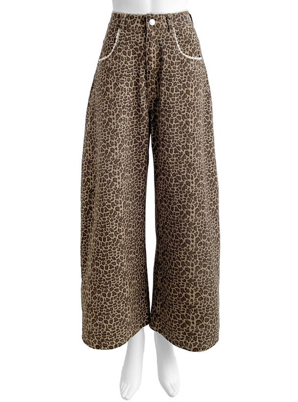 レースデザインレオパードワイドパンツ