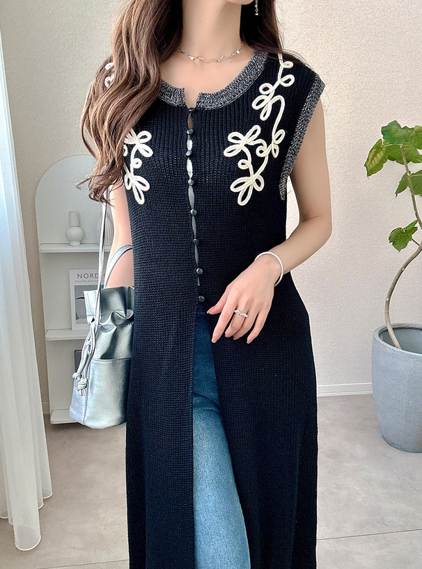 フラワー刺繍ニットロングジレ[gn502] | レディースファッション通販の