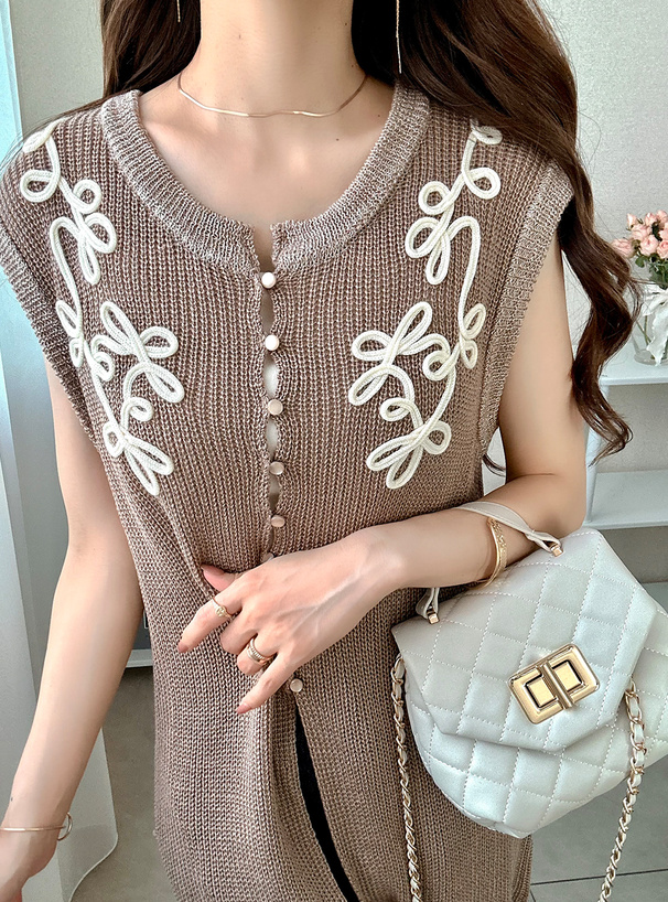 フラワー刺繍ニットロングジレ[gn502] | レディースファッション通販の