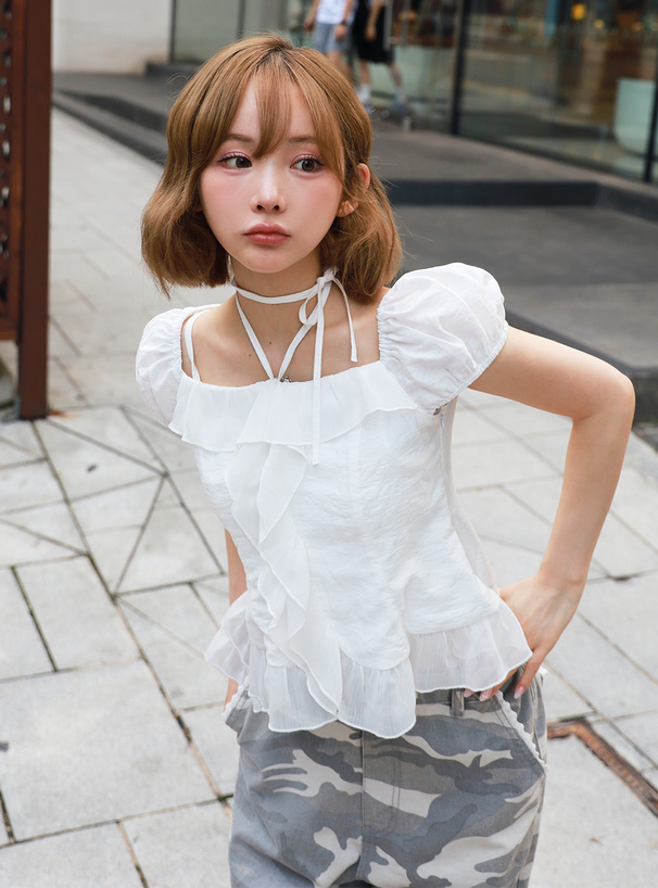 2Wayパフスリーブフリルブラウス