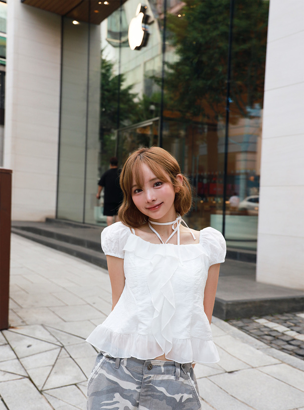 lawgy 2wayフリルフレンチスリーブブラウス Check white 2way frill french sleeve blouse / 2wayフリルフレンチスリーブ