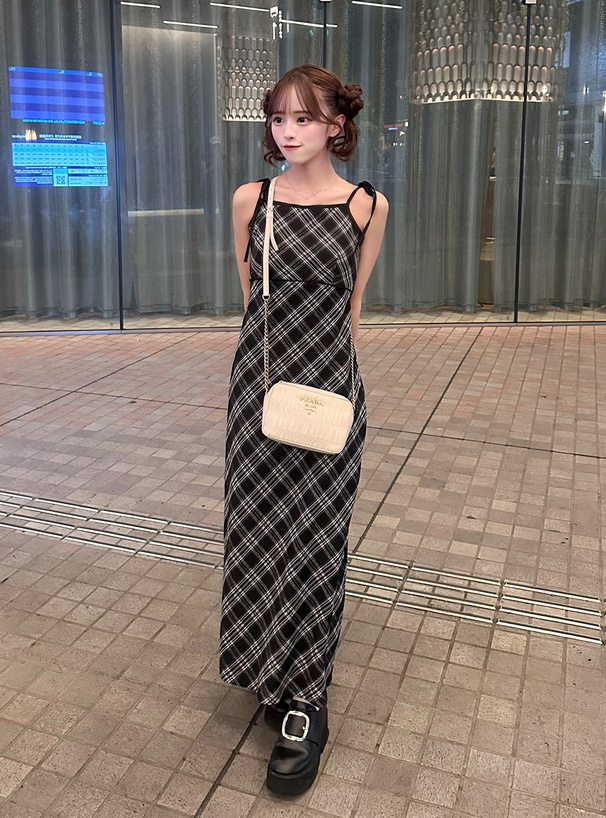 インゲボルグ　花柄チェックデザインのキャミワンピース セール】 【OUTLET】チェックフラワーpt.ワンピース （ロング