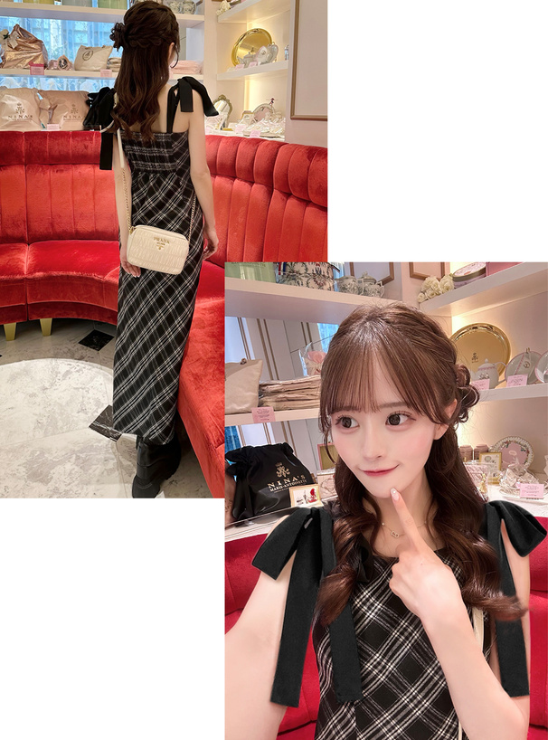 チェック柄ショルダーリボンワンピース[gn508] | レディース