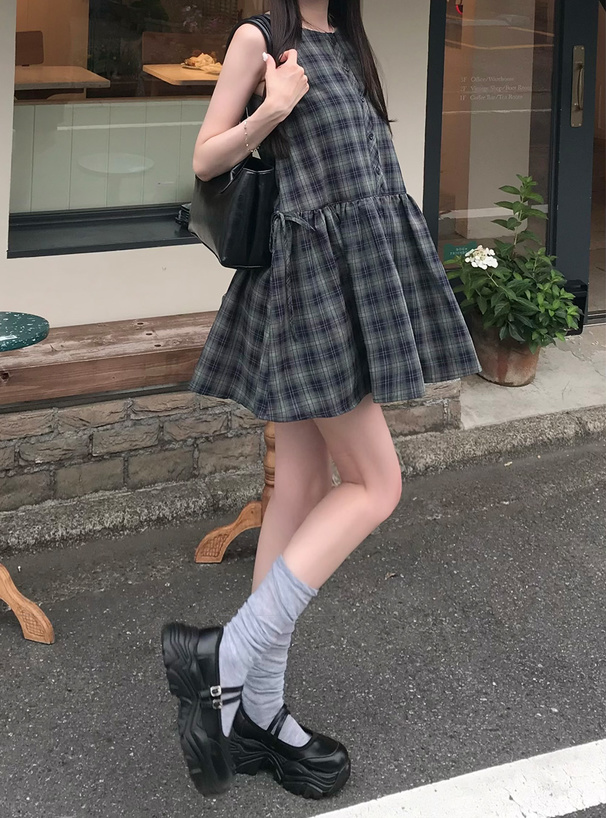 shellerノースリーブミニワンピース グレー チェック柄 Sheller シェリエノースリーブミニワンピース グレー チェック柄 F