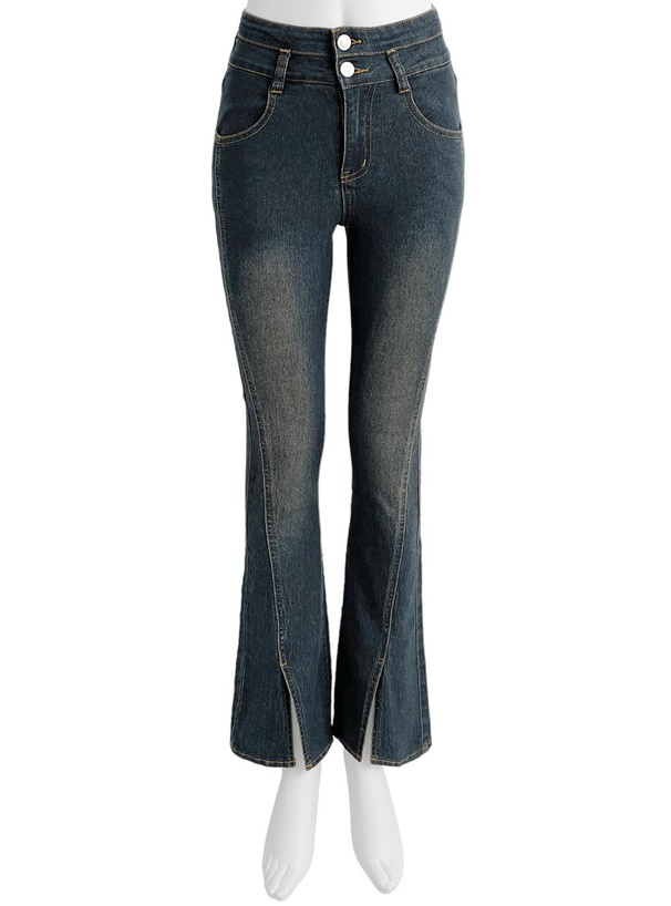 裾スリットストレッチデニムフレアパンツ