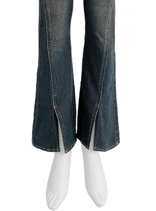 裾スリットストレッチデニムフレアパンツ
