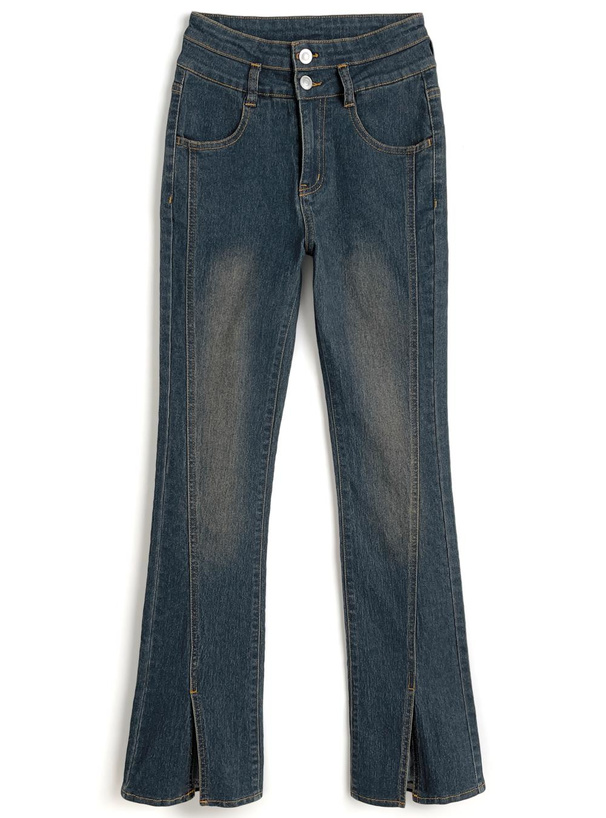 裾スリットストレッチデニムフレアパンツ