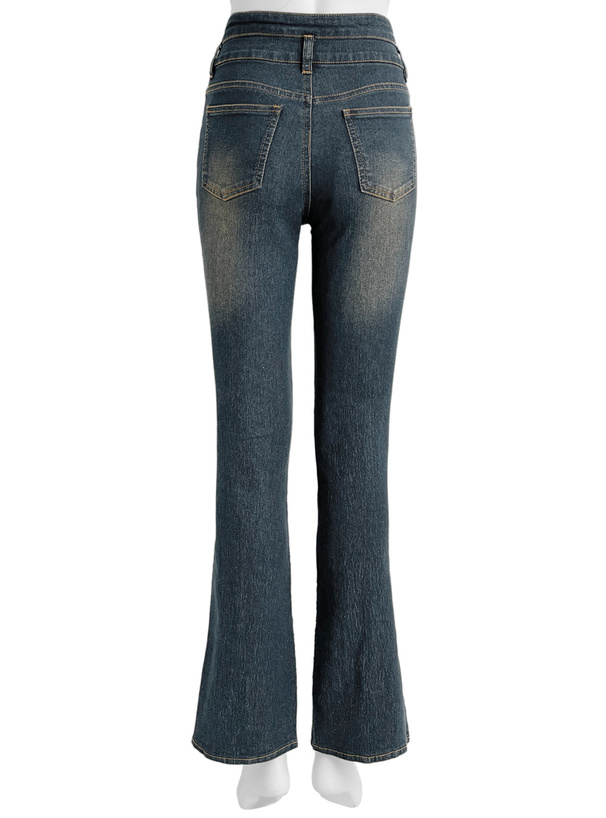 裾スリットストレッチデニムフレアパンツ