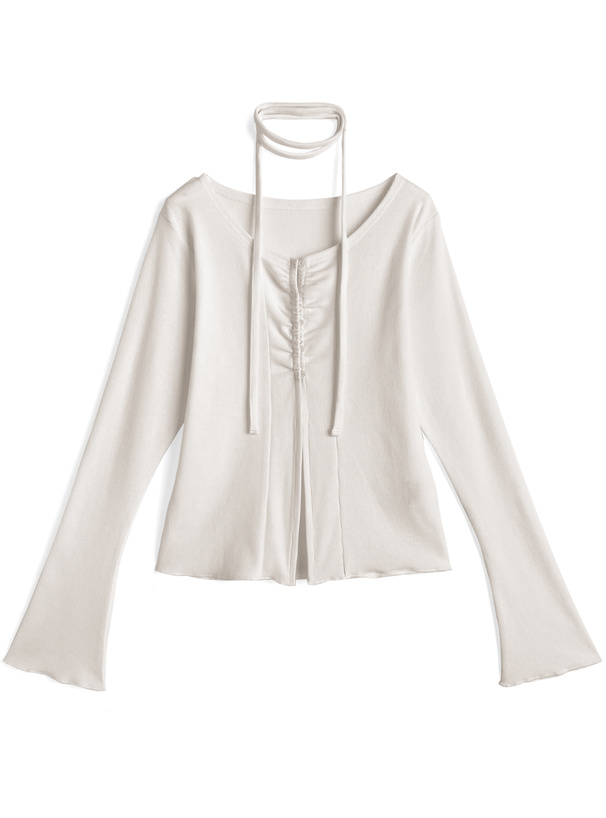 タイ付きフロントギャザーフレアスリーブトップス