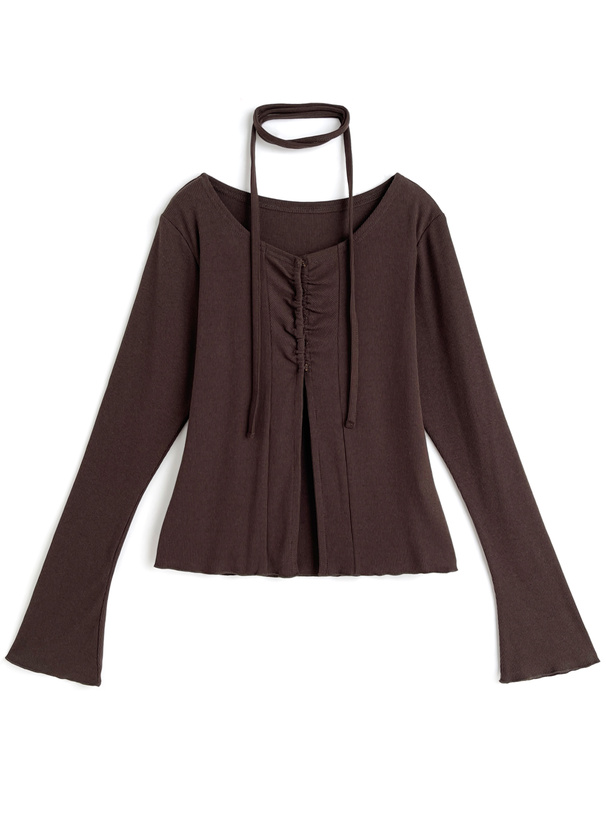 タイ付きフロントギャザーフレアスリーブトップス