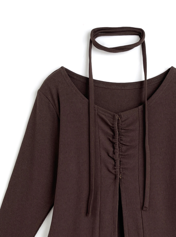 タイ付きフロントギャザーフレアスリーブトップス