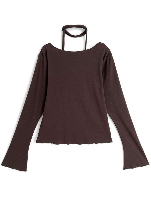 タイ付きフロントギャザーフレアスリーブトップス