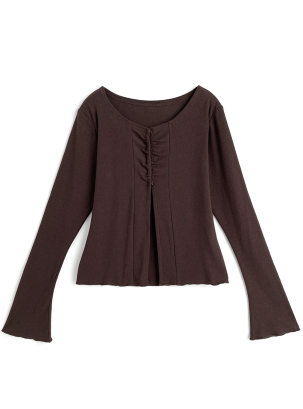 タイ付きフロントギャザーフレアスリーブトップス