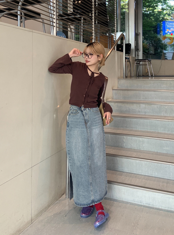 ネックリボンレイヤード風ニットトップス