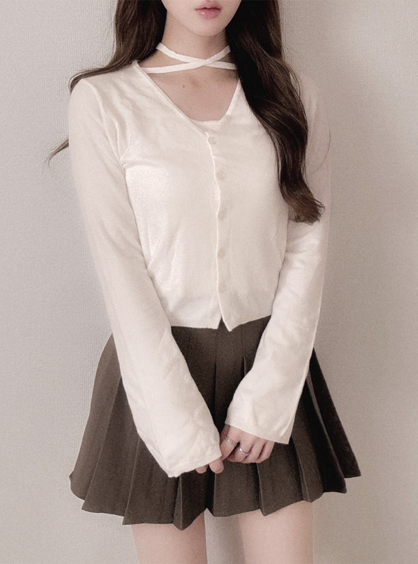 ネックリボンレイヤード風ニットトップス