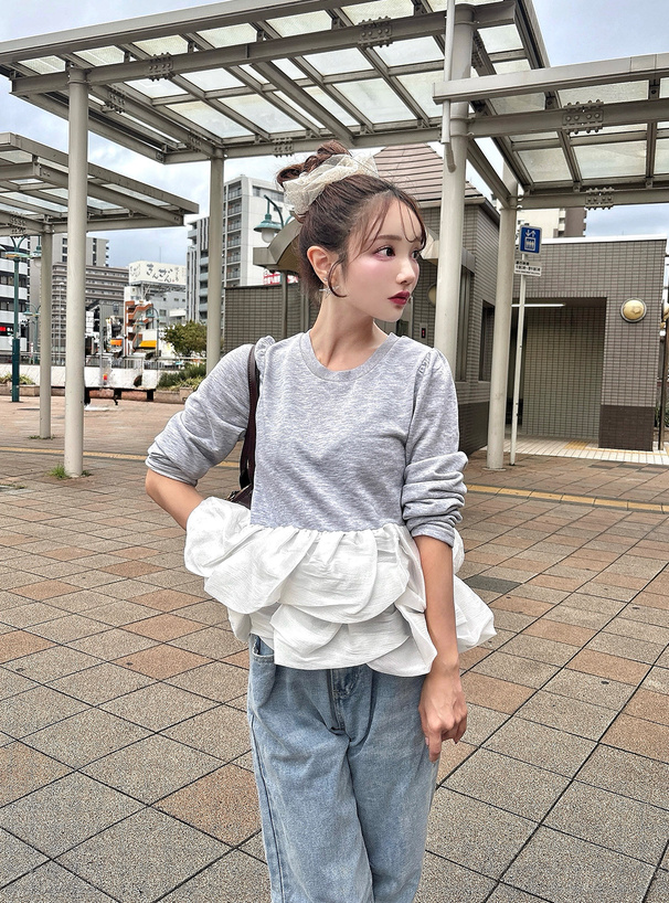 バルーンフリルドッキングスウェットトップス