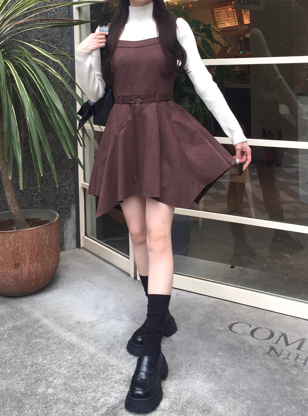 ベルト付きスエードイレヘムミニワンピース